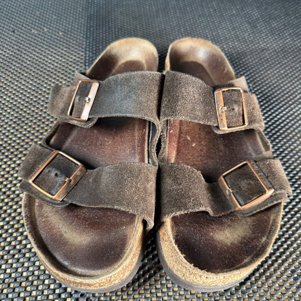 Birkenstock Arizona Sandals Women 39 Brown Suede Double Strap Buckle Cork Bottom - Picture 2 of 6